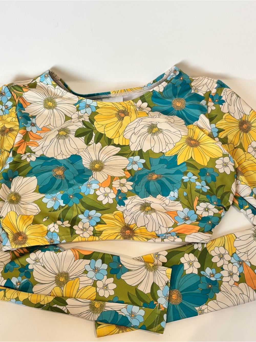 Target Floral Long Sleeve Bikini Top in Green, Teal, Yellow and White